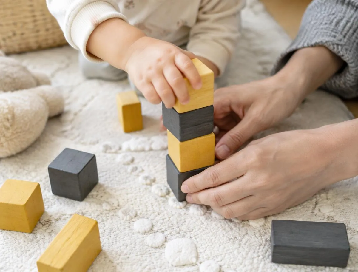 A toddler's hand and a caregiver's hands stacking yellow and grey wooden blocks together on a soft rug