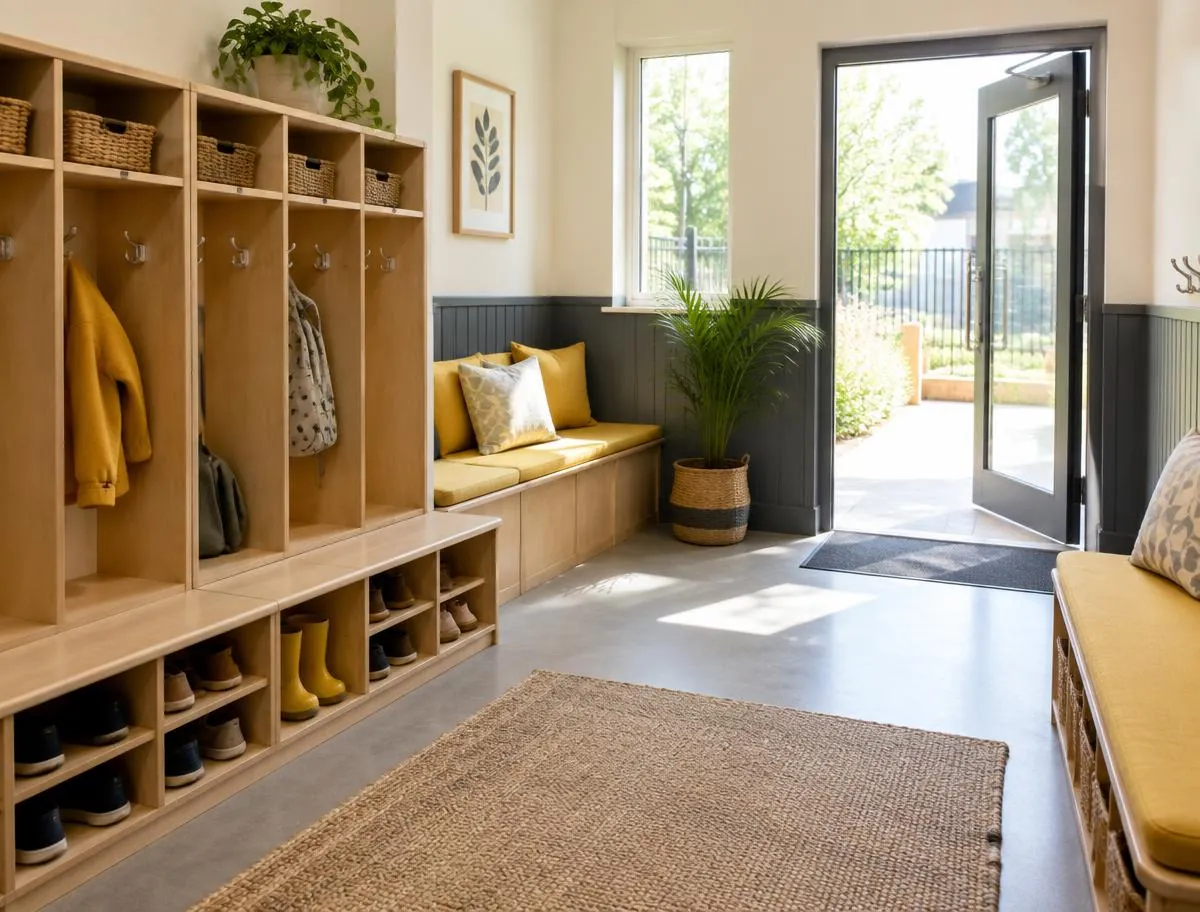 Welcoming entrance hall with wooden cubbies, coat hooks, a shoe bench and a cushioned seat by an open door