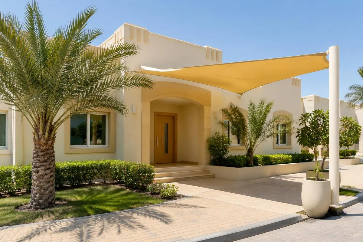 Villa-style building with cream walls, a wooden front door, palm trees and a yellow shade canopy
