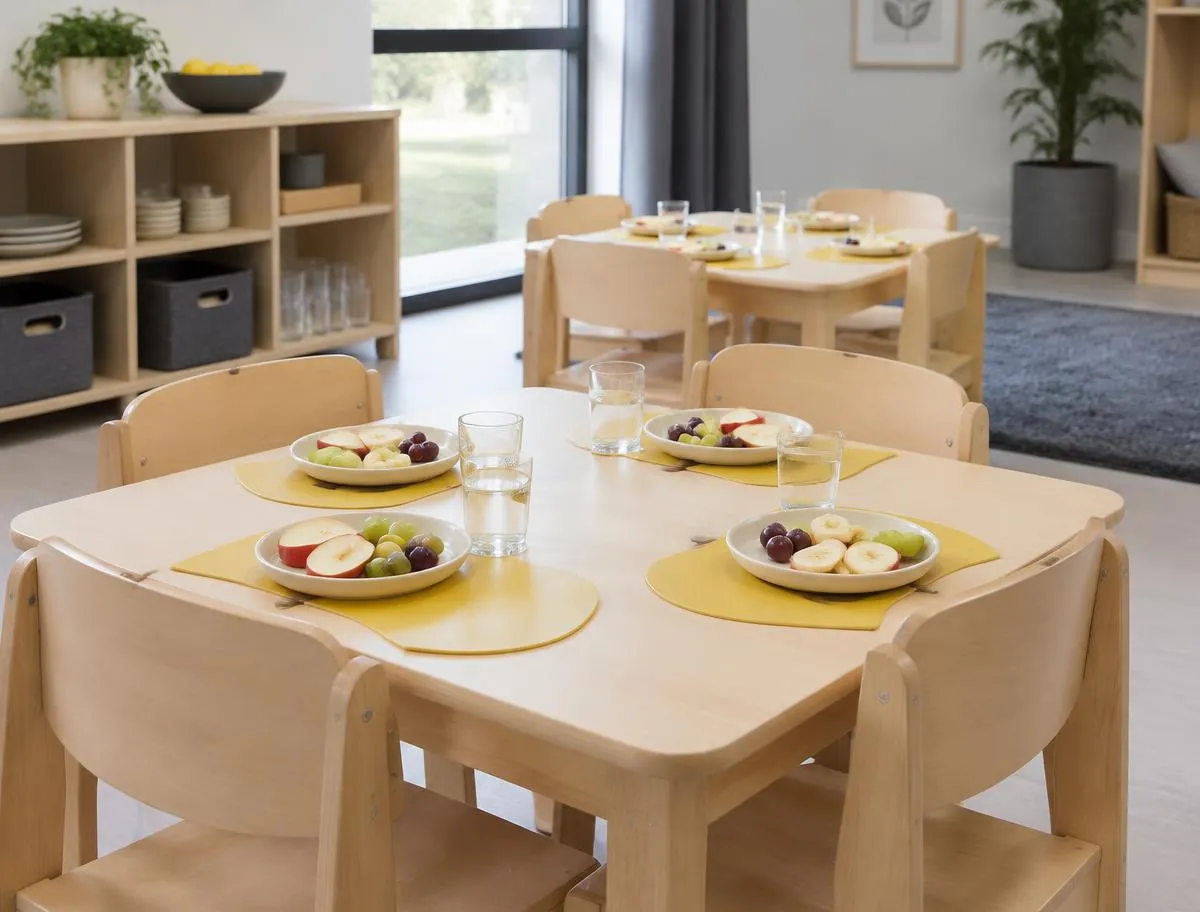 Snack area with small wooden tables, yellow placemats, plates of sliced fruit and cups of water