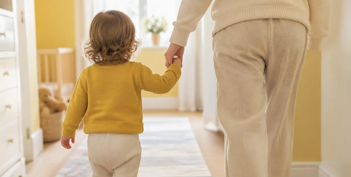 A toddler seen from behind walking hand in hand with a parent along a bright corridor