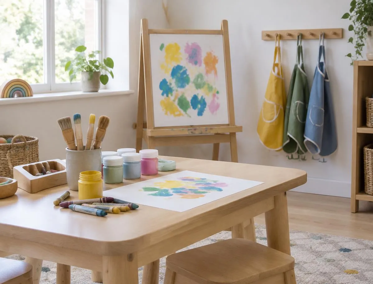 Art corner with an easel, paint pots, brushes, crayons and children's aprons on hooks