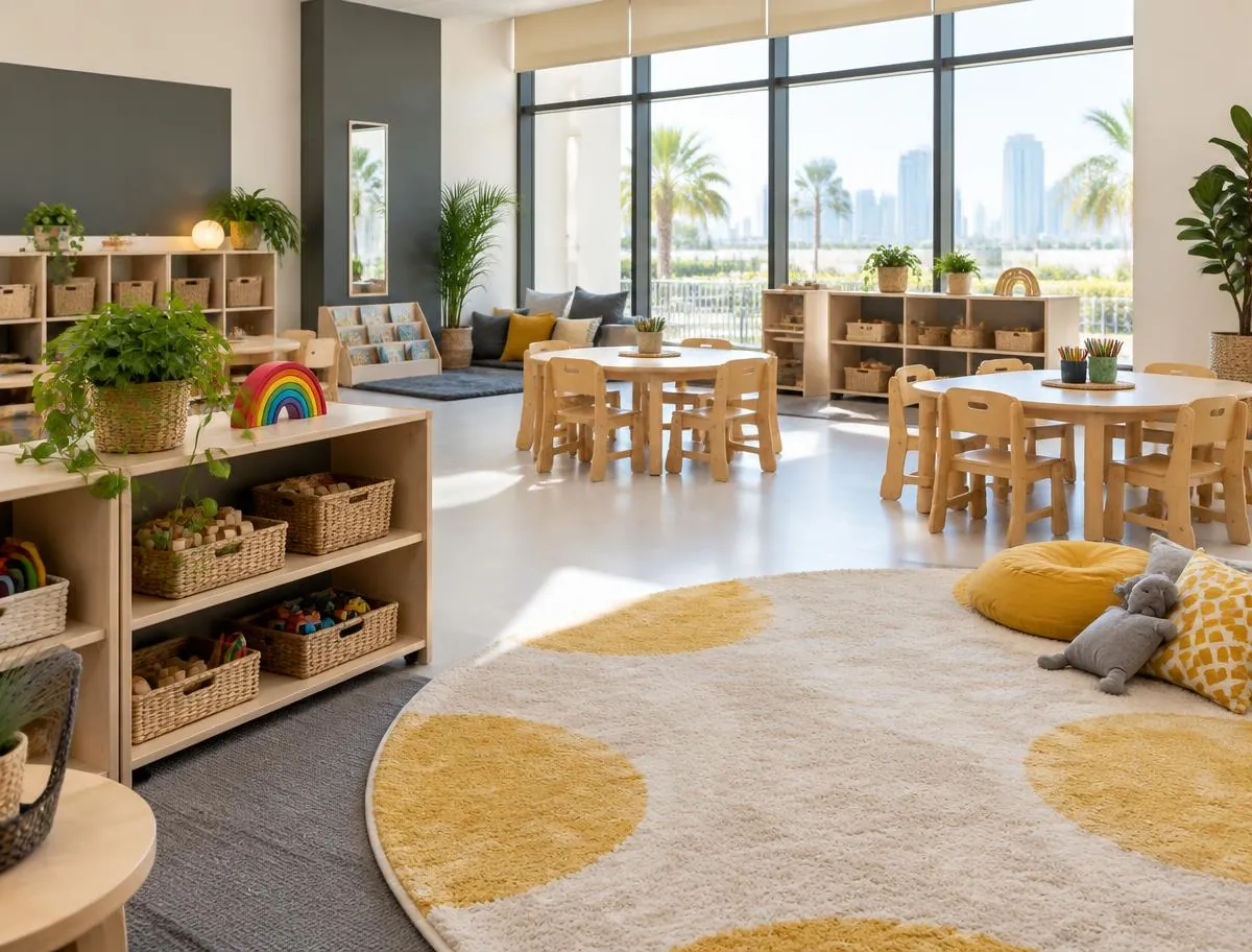Spacious classroom with low wooden shelves, toy baskets, small round tables and a large yellow-spotted rug
