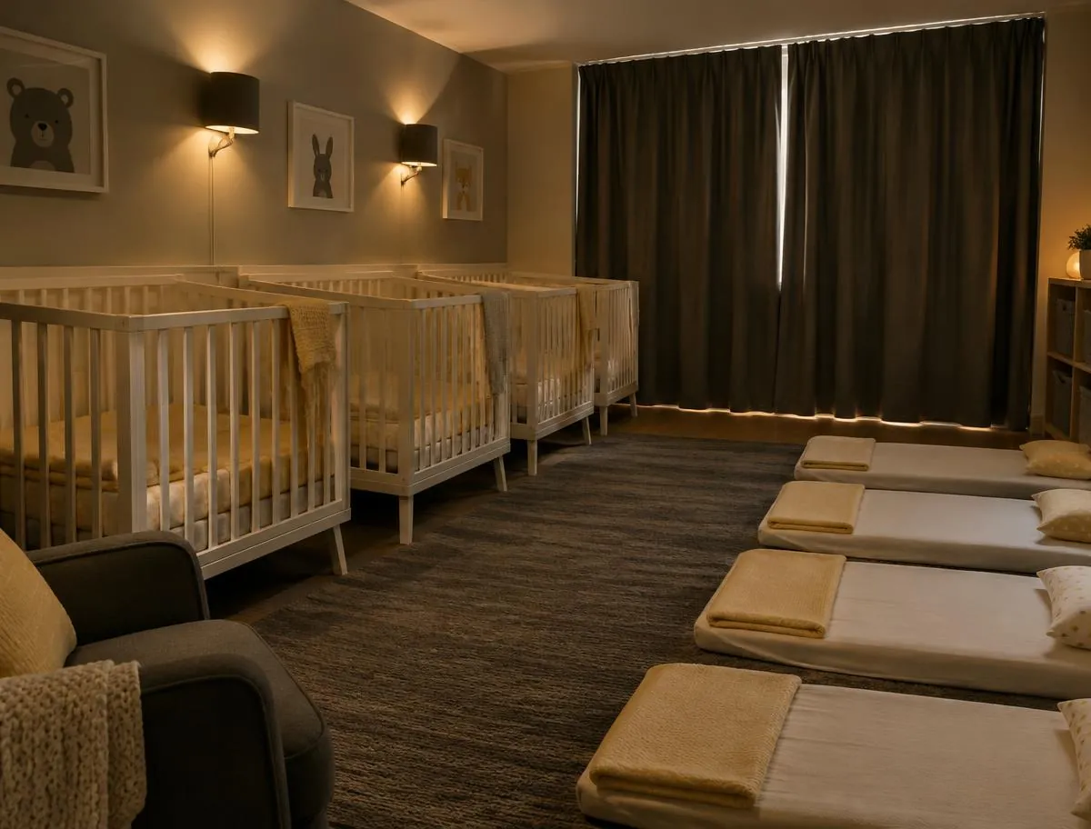 Calm nap room with white cribs and rest mats with soft yellow blankets under dimmed lights