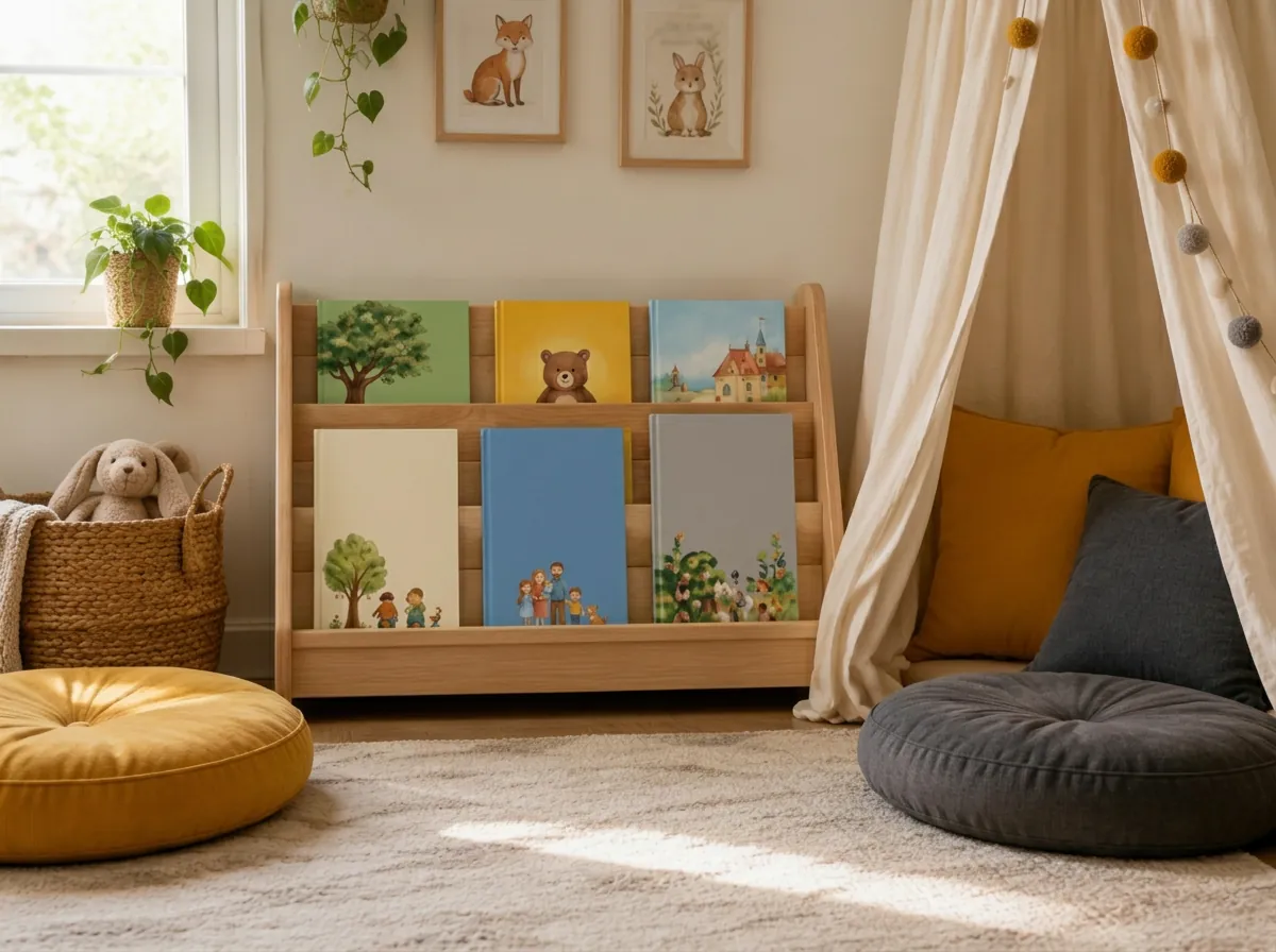 Cosy reading corner with a front-facing bookshelf of picture books, floor cushions and a canopy
