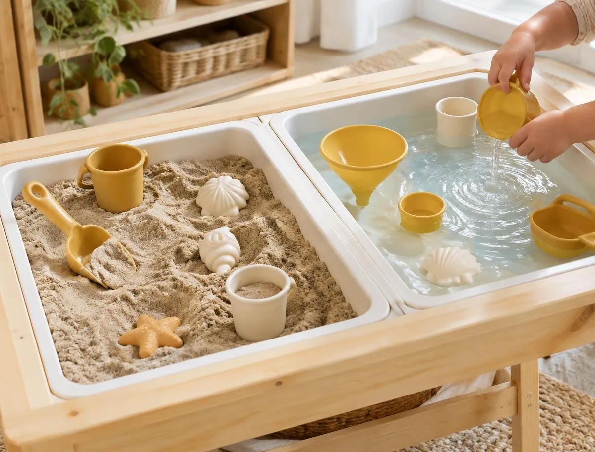 Sensory sand and water play table with scoops, cups and funnels, and a child's hands pouring water