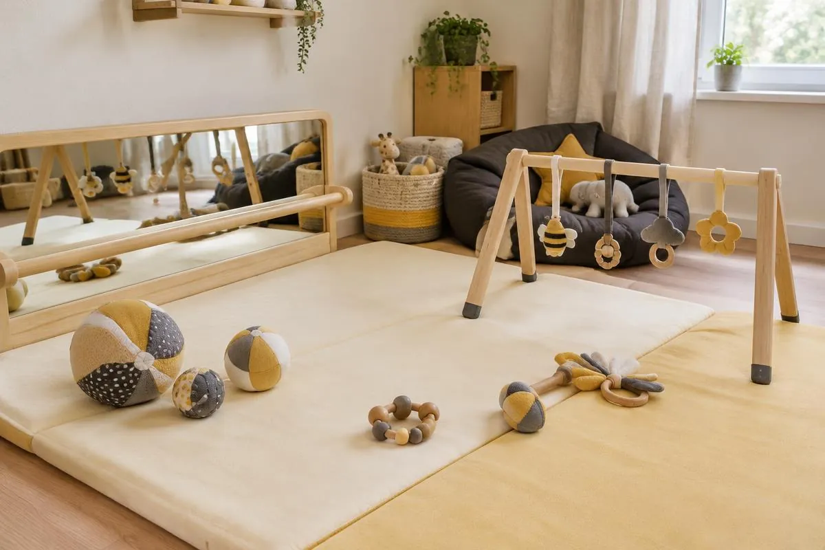 Baby area with soft play mats, a low mirror bar, a wooden baby gym and fabric sensory balls