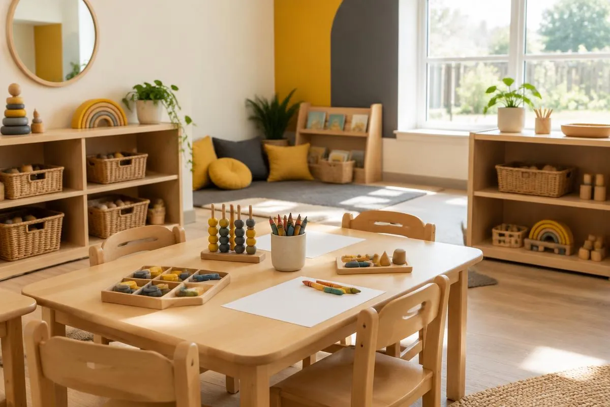 Pre-school learning table with crayons, paper and counting beads beside low toy shelves