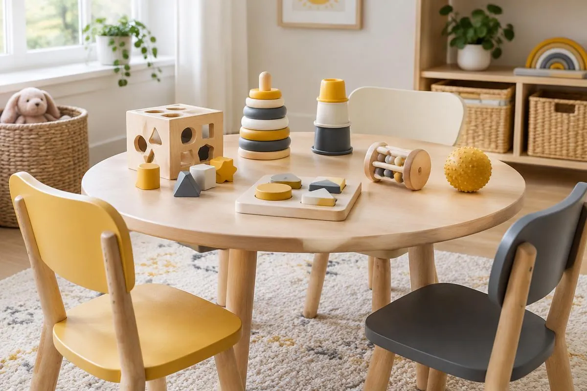 Toddler table with a wooden shape sorter, stacking rings, a chunky puzzle and small chairs
